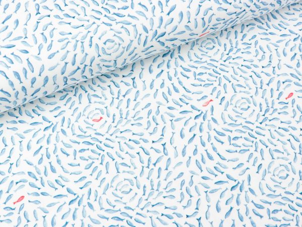 Baumwolljersey Ocean Breeze Kleine Fische wasserblau auf Weiß FS21 Zu verkaufen
