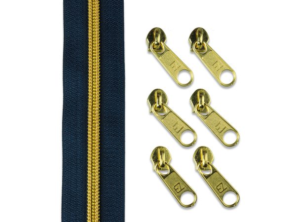 2m Endlosreißverschluss metallisiert dunkelblau gold + 6 Zipper Rabatt
