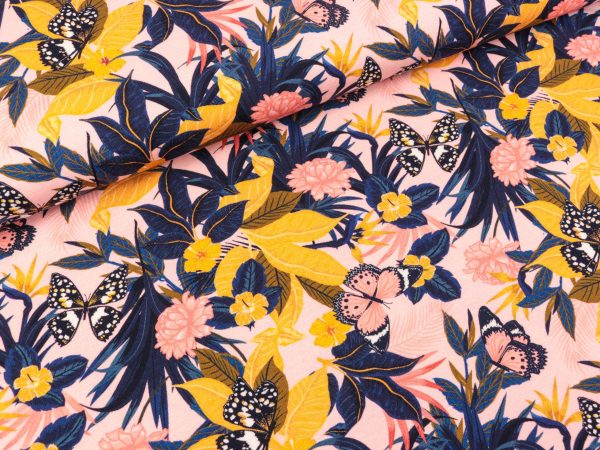 Baumwolljersey Jonne Blumen und Schmetterlinge bunt auf Rosa Zu verkaufen