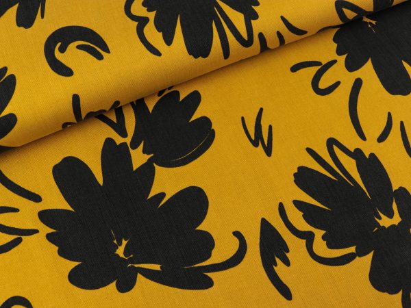TENCEL Webware Blumen schwarz auf Ocker Jetzt online