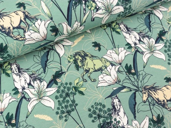 French Terry Flowers and Horses auf Dusty green Schn?ppchen