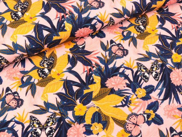Baumwolljersey Jonne Blumen und Schmetterlinge bunt auf Rosa Zu verkaufen – Bild 2