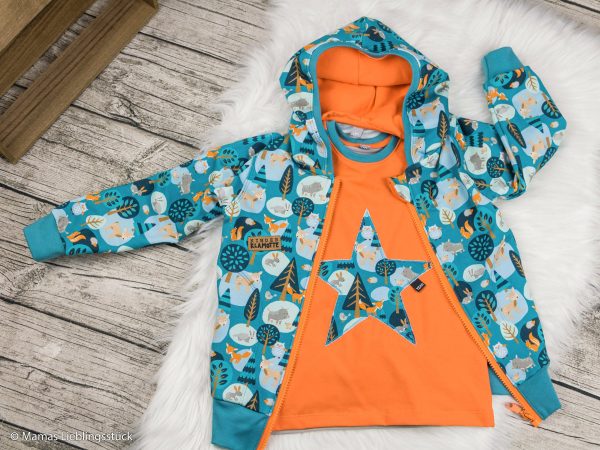 Steinbeck Baumwollsweat Woody das Wildschwein und seine Waldfreunde petrol-bunt Im Angebot – Bild 3